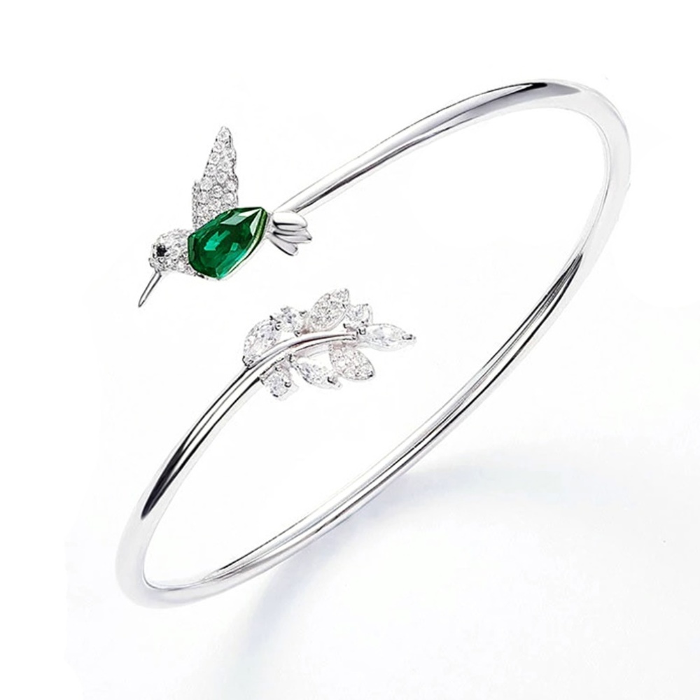 925 Silver Jeweled Hummingbird Bangle Bracelet